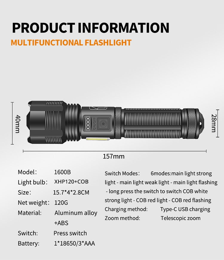 Mid-Size COB Led Flashlight (XHP 120+COB)